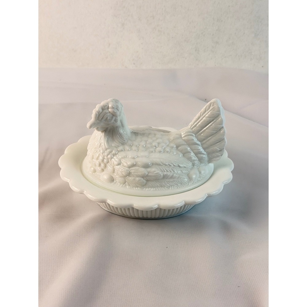Mosser Milk Glass Hen On Nest Covered Dish White Farmhouse Chicken Decor